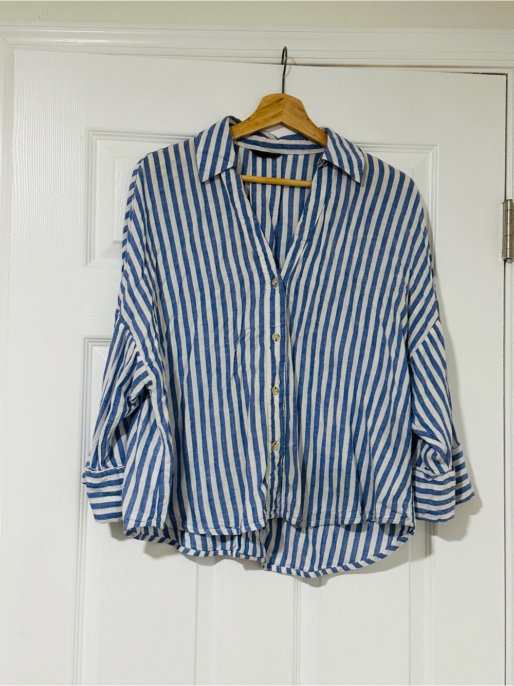 Blue and White Vertical Stripe Button-Up Shirt
